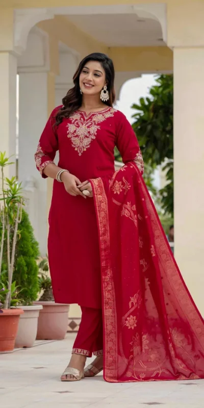 Nice Red Roman Silk Sequins Work Salwar Suit