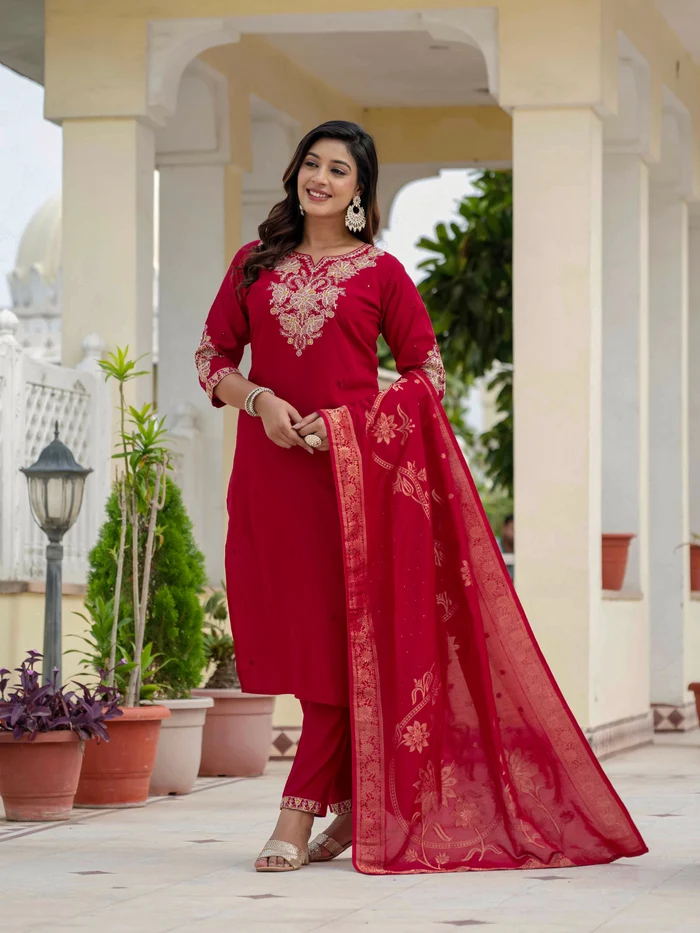 Nice Red Roman Silk Sequins Work Salwar Suit