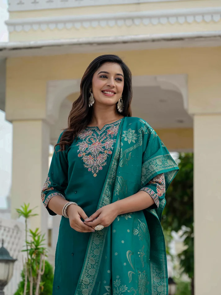 Nice Teal Roman Silk Sequins Work Salwar Suit - Image 11