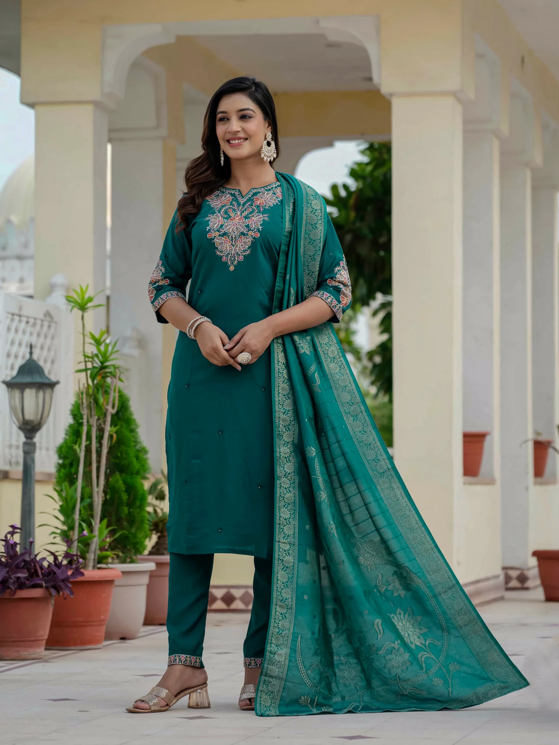 Nice Teal Roman Silk Sequins Work Salwar Suit