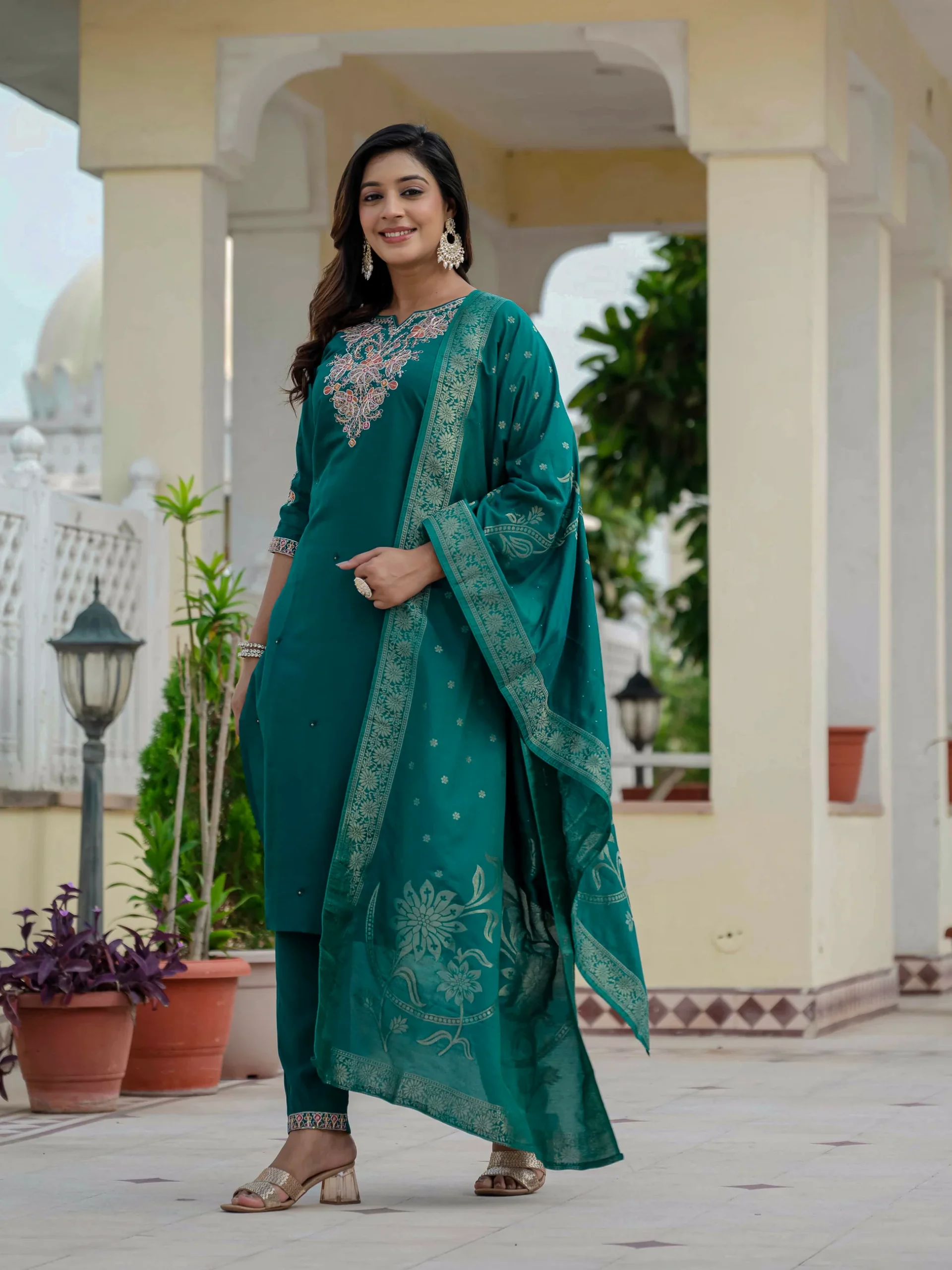 Nice Teal Roman Silk Sequins Work Salwar Suit - Image 9