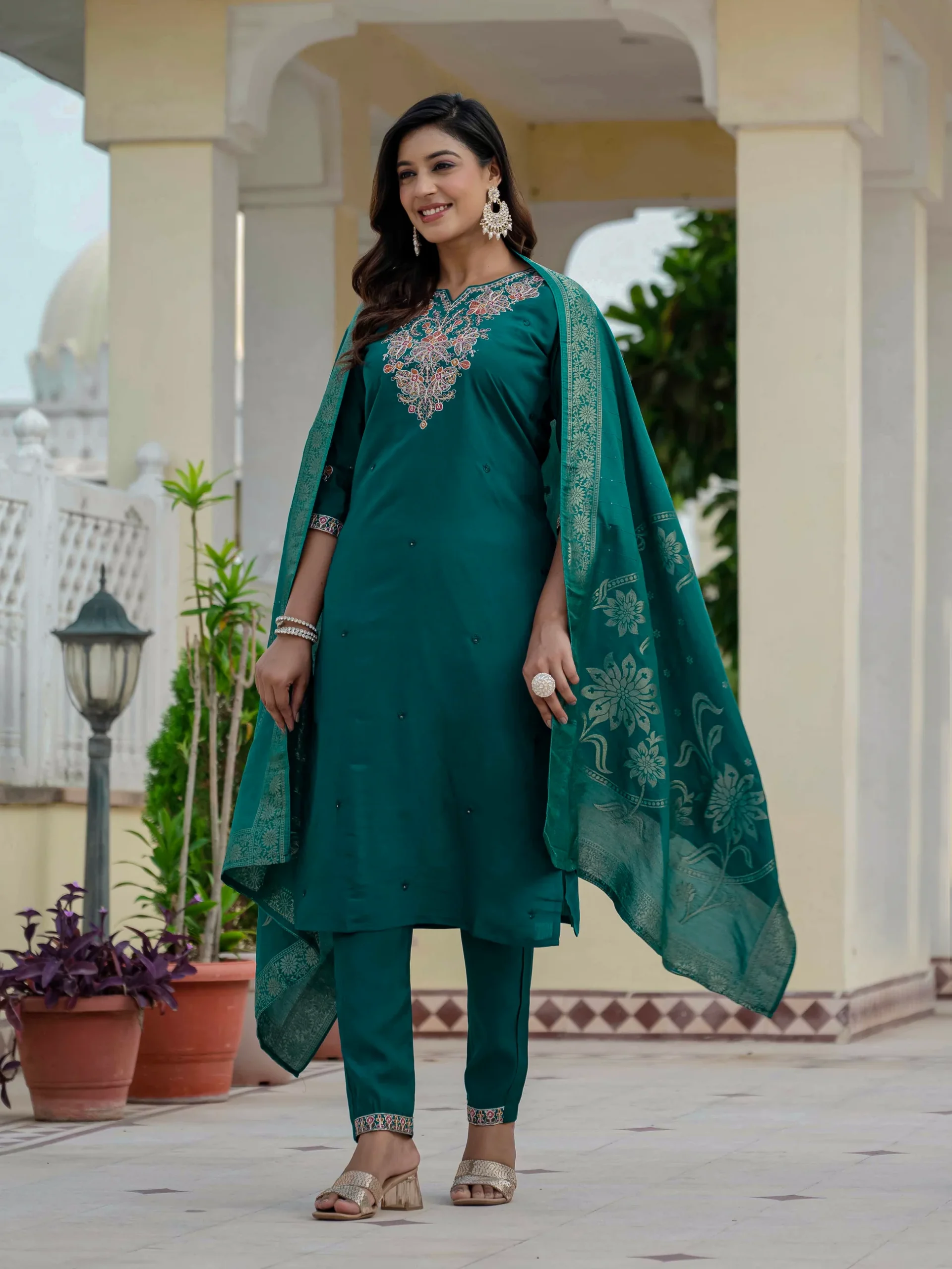 Nice Teal Roman Silk Sequins Work Salwar Suit - Image 7