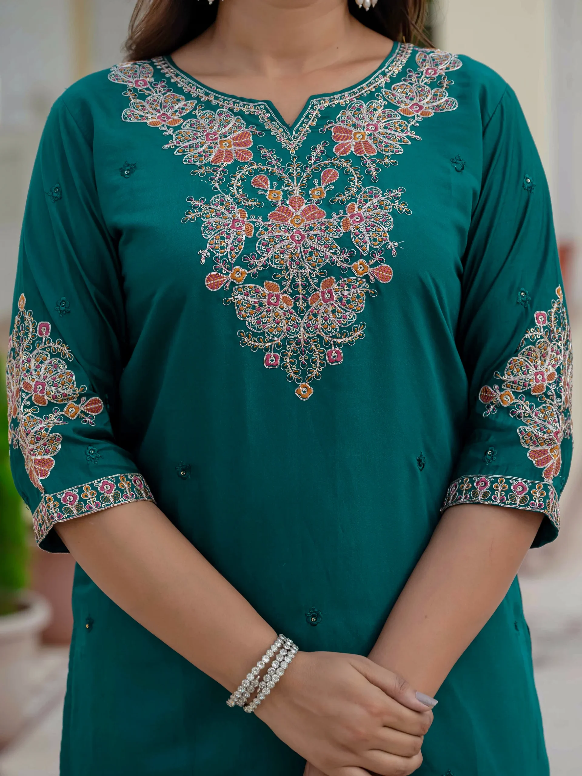 Nice Teal Roman Silk Sequins Work Salwar Suit - Image 6