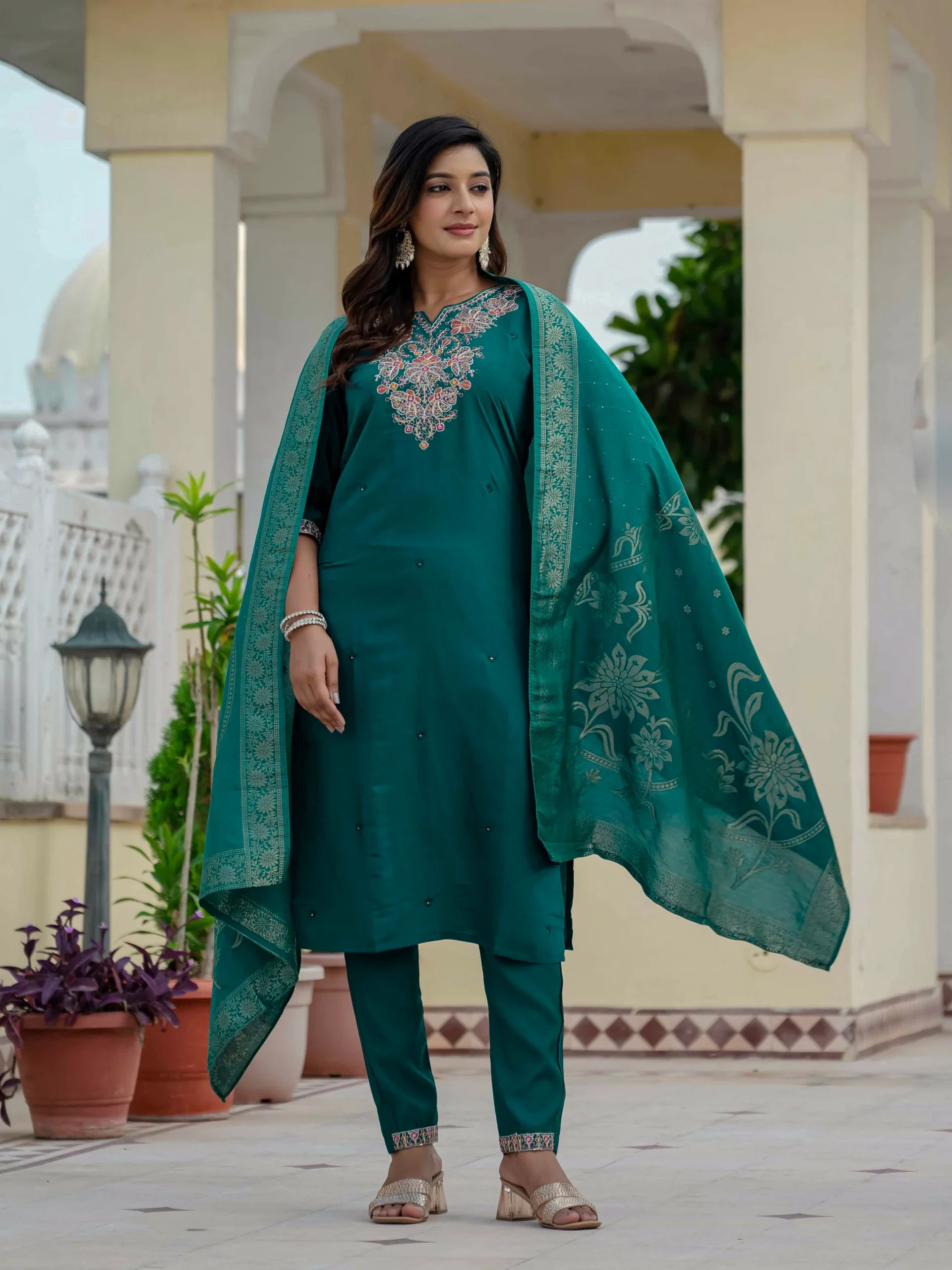 Nice Teal Roman Silk Sequins Work Salwar Suit - Image 5