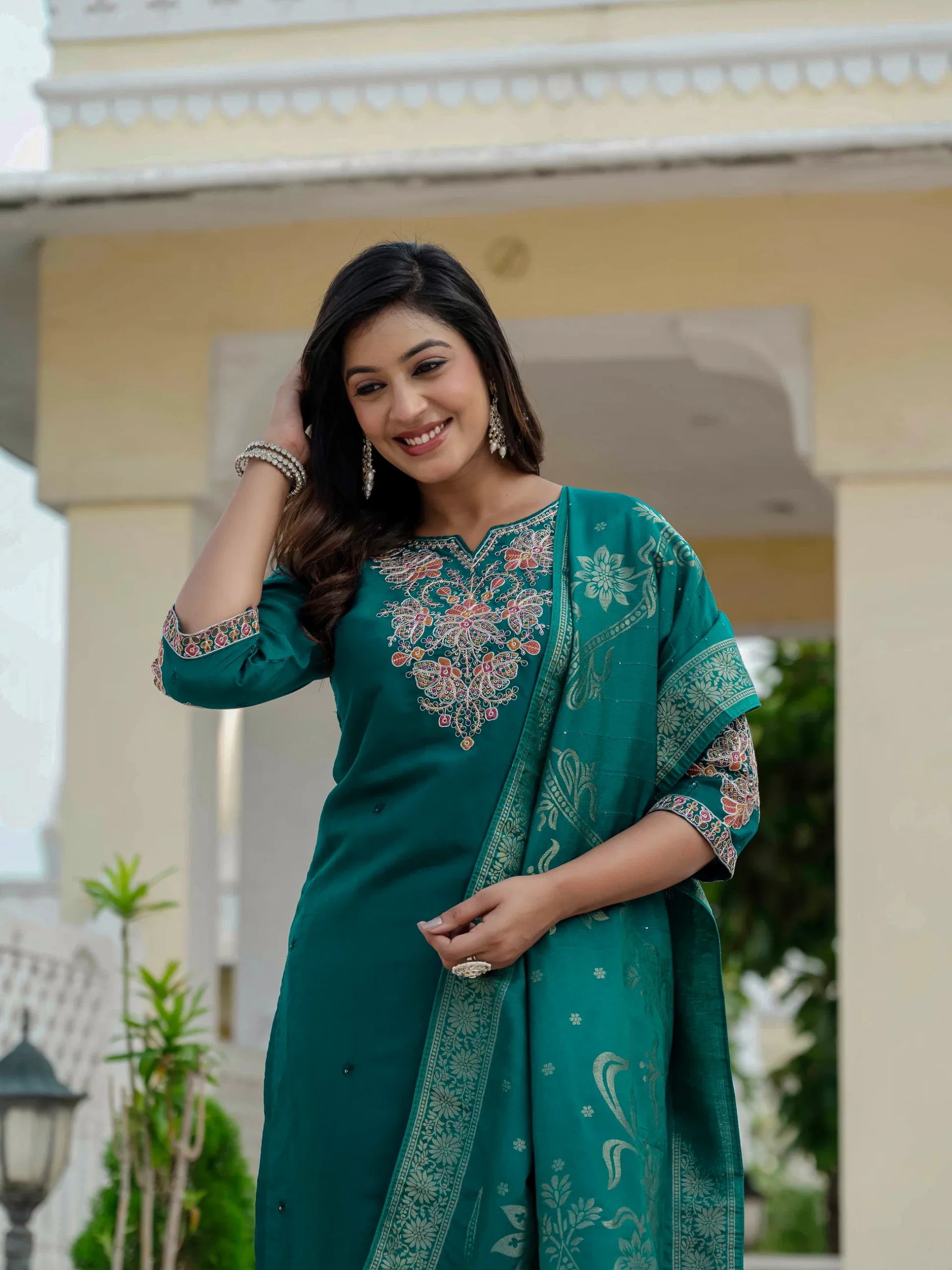 Nice Teal Roman Silk Sequins Work Salwar Suit - Image 3