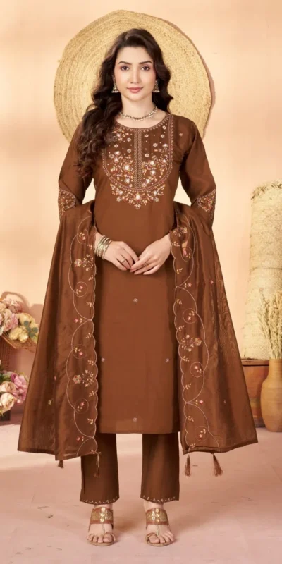 DIVA 177 Brown Thread Embroidery & Embroidery Work Salwar Suit in Brown Marina Silk. Now at just ₹2399. Delivery 4-6 Working Days. Shop now. | Jump Suits, Salwar suit, Casual Suits, Creative suits, Designer Suits, Palazzo Suits, Party Wear Suits, Patiala Suits, Straight Suits