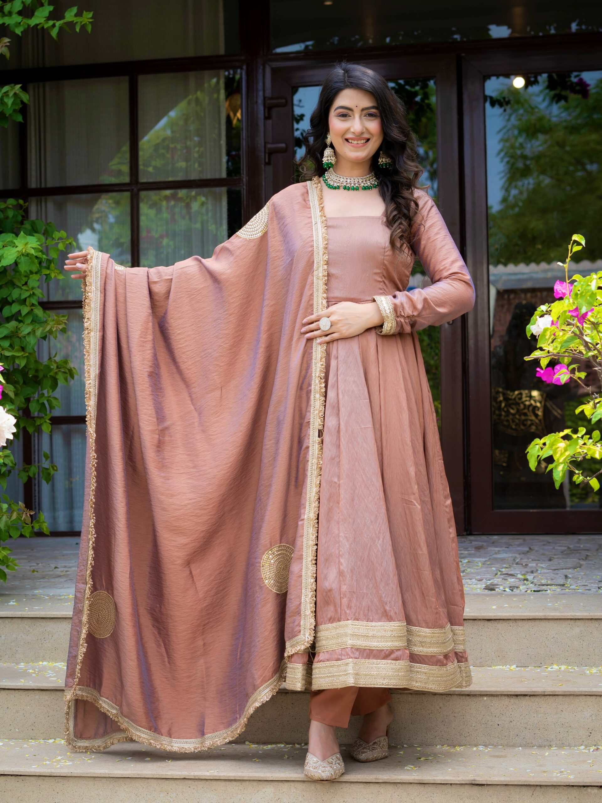 ND 5078 Brown Vichitra Salwar Suit with Sequins Work & Embroidery Work. Available at ₹2449 only. Delivery 4-6 Working Days. Shop now. | Anarkali Suits, Bollywood Anarkali, Creative-Anarkali, Designer Anarkali, Embroidered Anarkali, Party Wear Anarkali