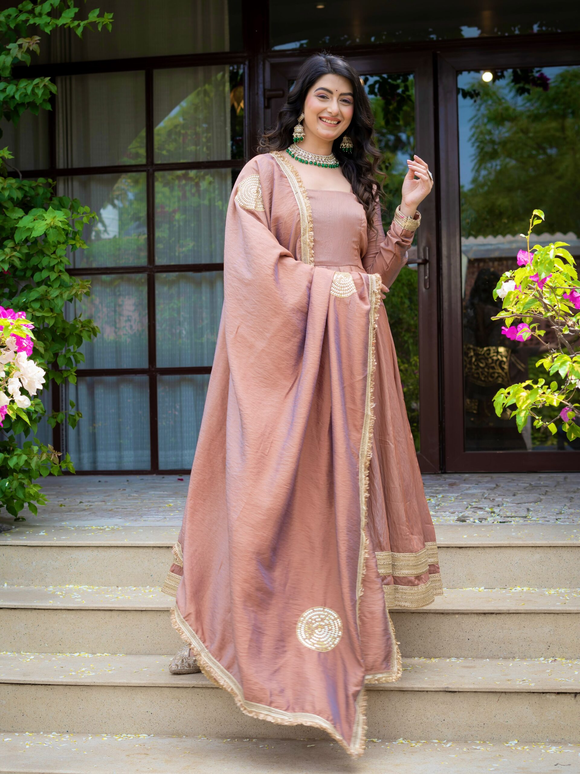 ND 5078 Brown Vichitra Salwar Suit with Sequins Work & Embroidery Work. Available at ₹2449 only. Delivery 4-6 Working Days. Shop now. | Anarkali Suits, Bollywood Anarkali, Creative-Anarkali, Designer Anarkali, Embroidered Anarkali, Party Wear Anarkali