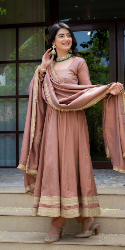 ND 5078 Brown Vichitra Salwar Suit with Sequins Work & Embroidery Work. Available at ₹2449 only. Delivery 4-6 Working Days. Shop now. | Anarkali Suits, Bollywood Anarkali, Creative-Anarkali, Designer Anarkali, Embroidered Anarkali, Party Wear Anarkali