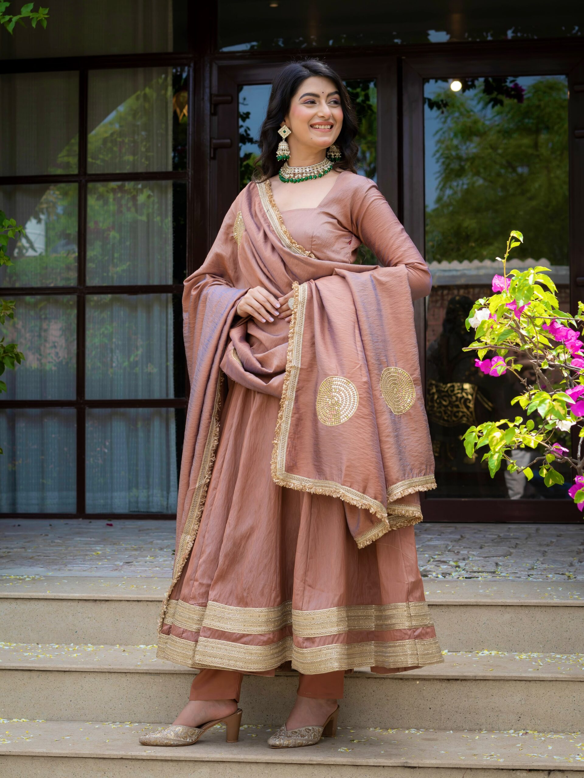 ND 5078 Brown Vichitra Salwar Suit with Sequins Work & Embroidery Work. Available at ₹2449 only. Delivery 4-6 Working Days. Shop now. | Anarkali Suits, Bollywood Anarkali, Creative-Anarkali, Designer Anarkali, Embroidered Anarkali, Party Wear Anarkali