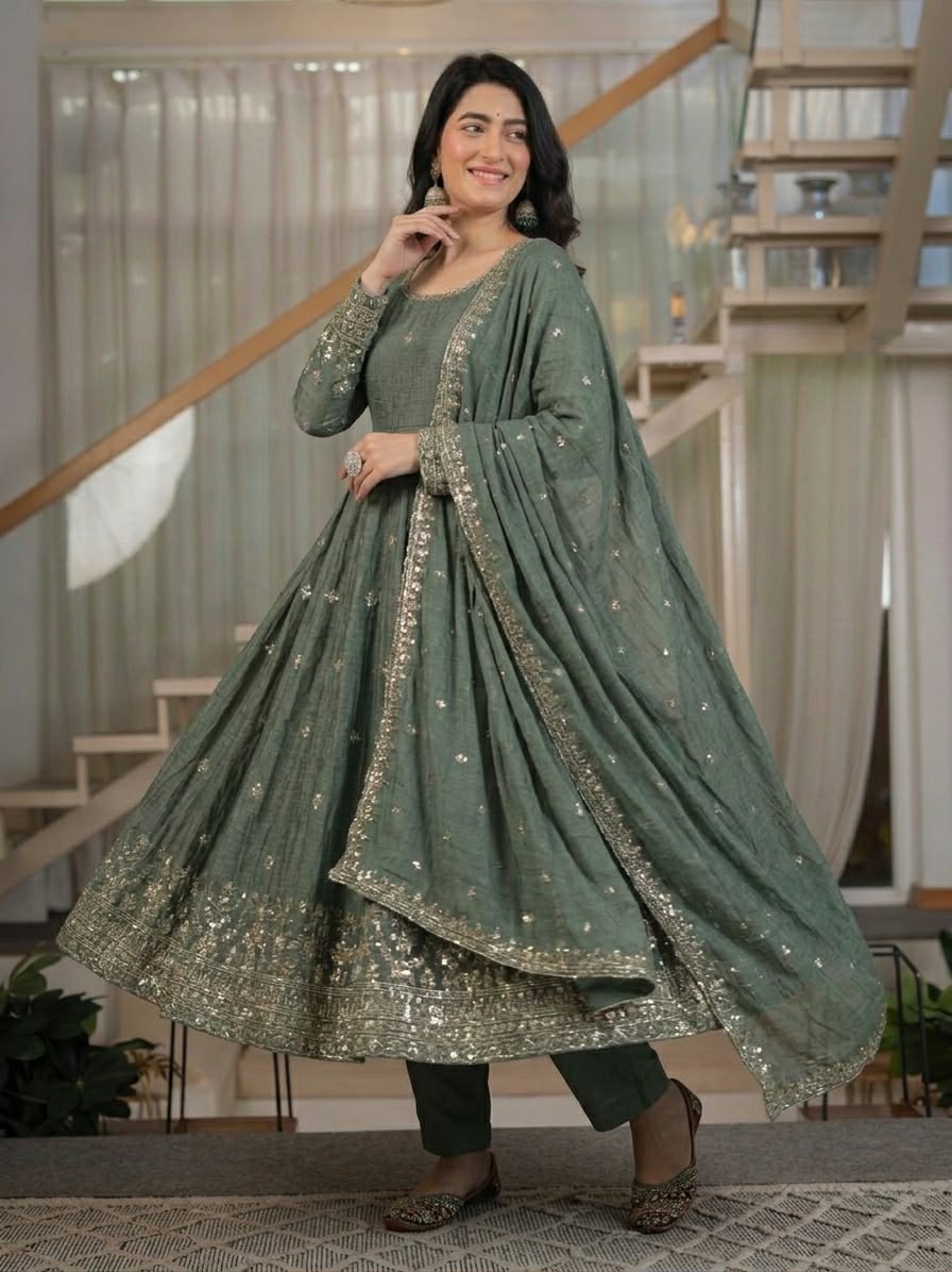 ND 5065 Grey Embroidery Work & Sequins Work Salwar Suit in Peach Crunchy Silk. Festive Deal ₹2449. Delivery 4-6 Working Days. Shop now. | Anarkali Suits, Bollywood Anarkali, Creative-Anarkali, Designer Anarkali, Embroidered Anarkali, Party Wear Anarkali