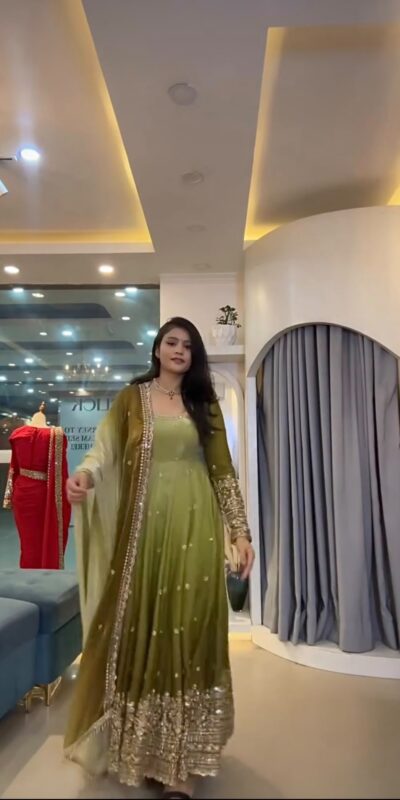 SR 1725 Mehendi Faux Georgette Gown with Mirror Work & Embroidery Work. Get it for ₹2449. Delivery 4-6 Working Days. Online Shop now. | Gowns, Bollywood Gowns, Creative Gowns, Designer Gowns, Embroidered Gowns, Party Wear Gowns