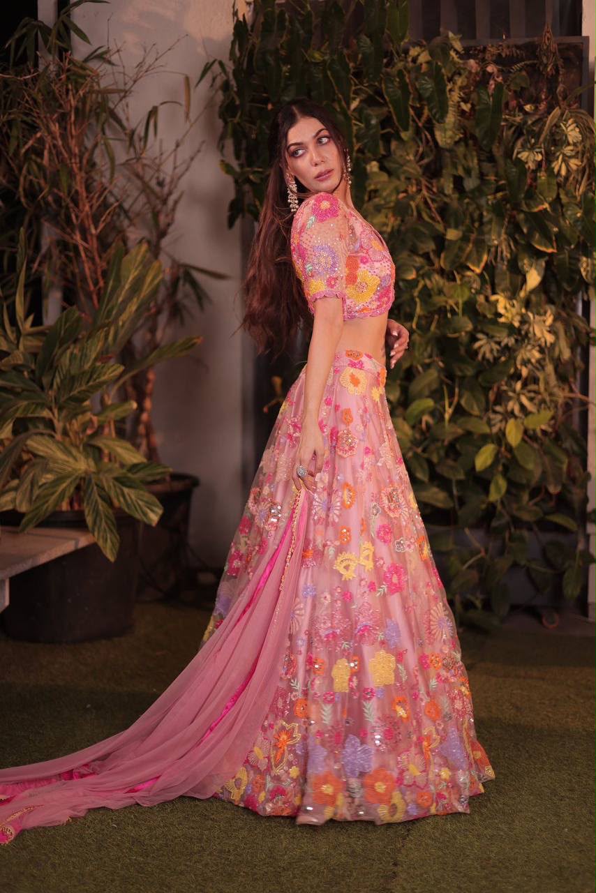 MT 1027 | Pink Soft Net Lehenga Choli with Sequins Work & Embroidery Work. Affordable Price ₹2199. Delivery 4-6 Working Days. Shop now. | Lehenga, Bollywood Lehenga, Creative Lehenga, Designer Lehenga, Embroidered Lehenga, Party Wear Lehenga