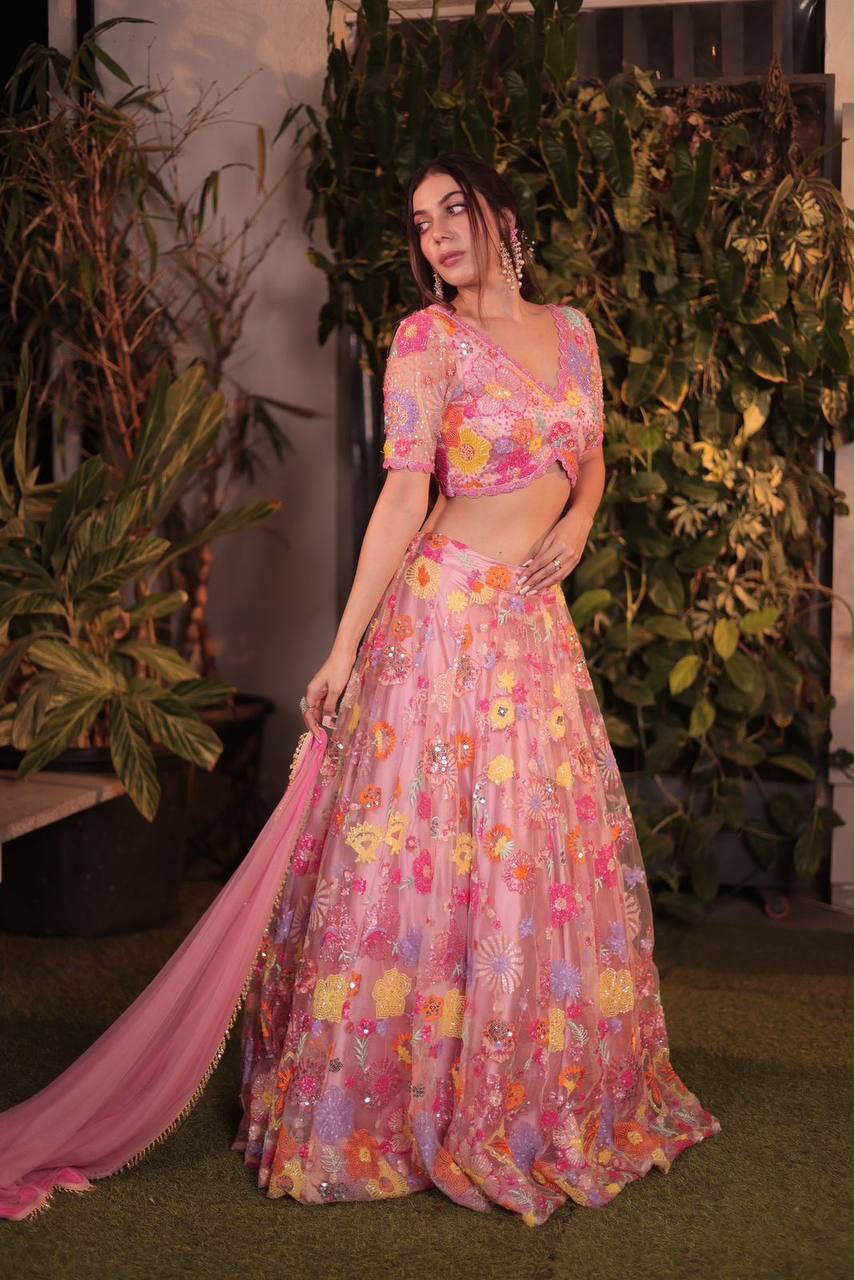 MT 1027 | Pink Soft Net Lehenga Choli with Sequins Work & Embroidery Work. Affordable Price ₹2199. Delivery 4-6 Working Days. Shop now. | Lehenga, Bollywood Lehenga, Creative Lehenga, Designer Lehenga, Embroidered Lehenga, Party Wear Lehenga