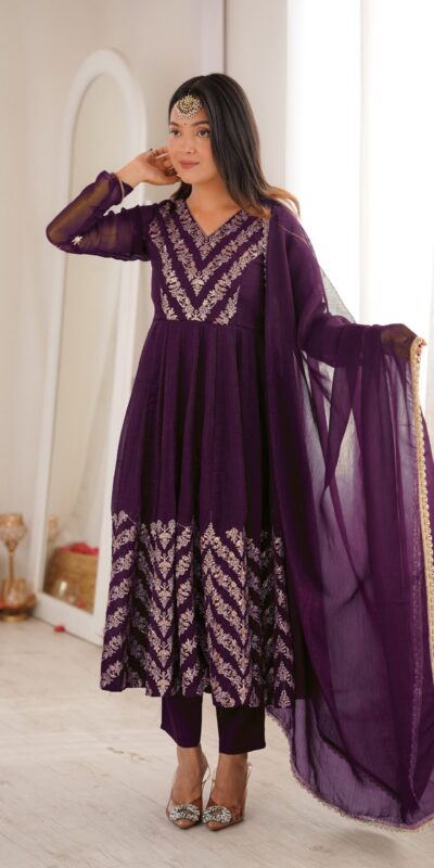 JF 050 Purple Embroidery Work & Sequins Work Salwar Suit in Peach Crunchy Silk. Festive Deal ₹2099. Delivery 4-6 Working Days. Shop now. | Anarkali Suits, Bollywood Anarkali, Creative-Anarkali, Designer Anarkali, Embroidered Anarkali, Party Wear Anarkali