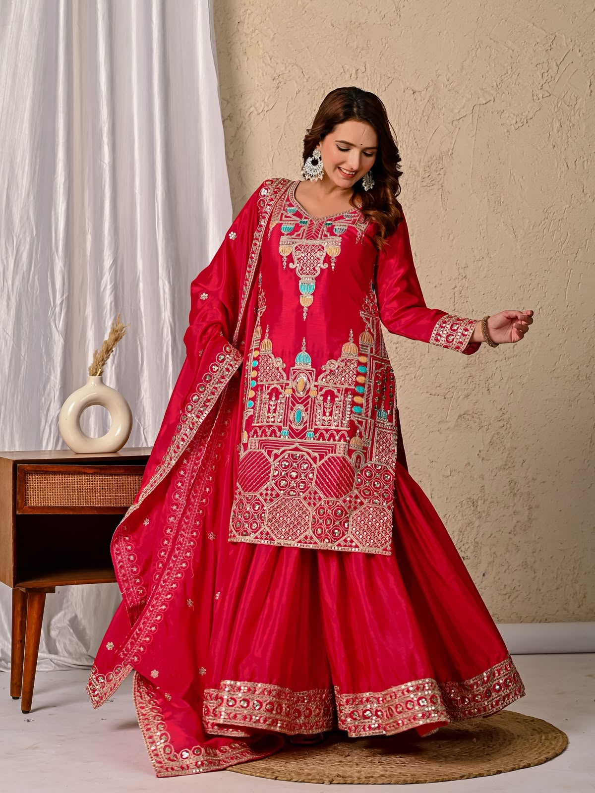 ND 5047 Red Chinon Silk Salwar Suit with Embroidery Work & Sequins Work. Get it for ₹2399. Delivery 4-6 Working Days. Shop now. | Jump Suits, Salwar suit, Casual Suits, Creative suits, Designer Suits, Palazzo Suits, Party Wear Suits, Patiala Suits, Straight Suits