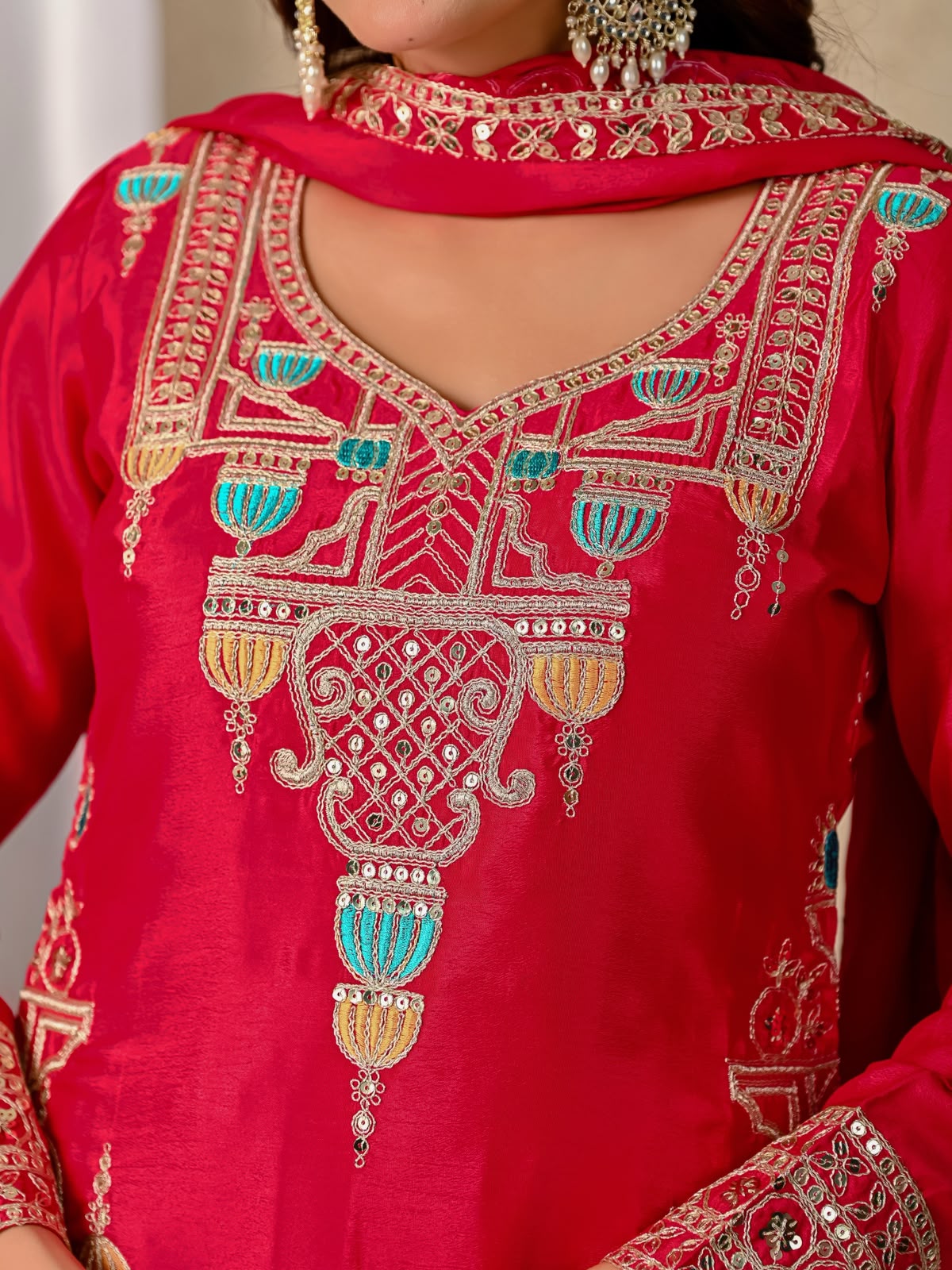 ND 5047 Red Chinon Silk Salwar Suit with Embroidery Work & Sequins Work. Get it for ₹2399. Delivery 4-6 Working Days. Shop now. | Jump Suits, Salwar suit, Casual Suits, Creative suits, Designer Suits, Palazzo Suits, Party Wear Suits, Patiala Suits, Straight Suits