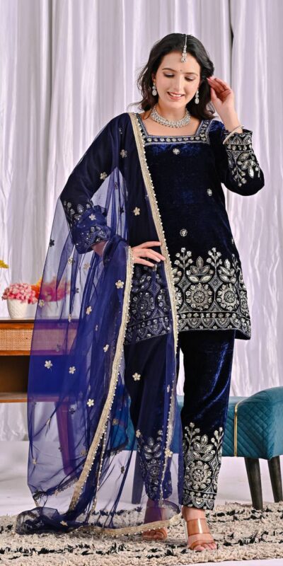 MD 3072 Navy Blue Viscose Velvet Salwar Suit with Embroidery Work & Lace Work. Grab it for ₹2399. Delivery 4-6 Working Days. Shop now. | Jump Suits, Salwar suit, Casual Suits, Creative suits, Designer Suits, Palazzo Suits, Party Wear Suits, Patiala Suits, Straight Suits
