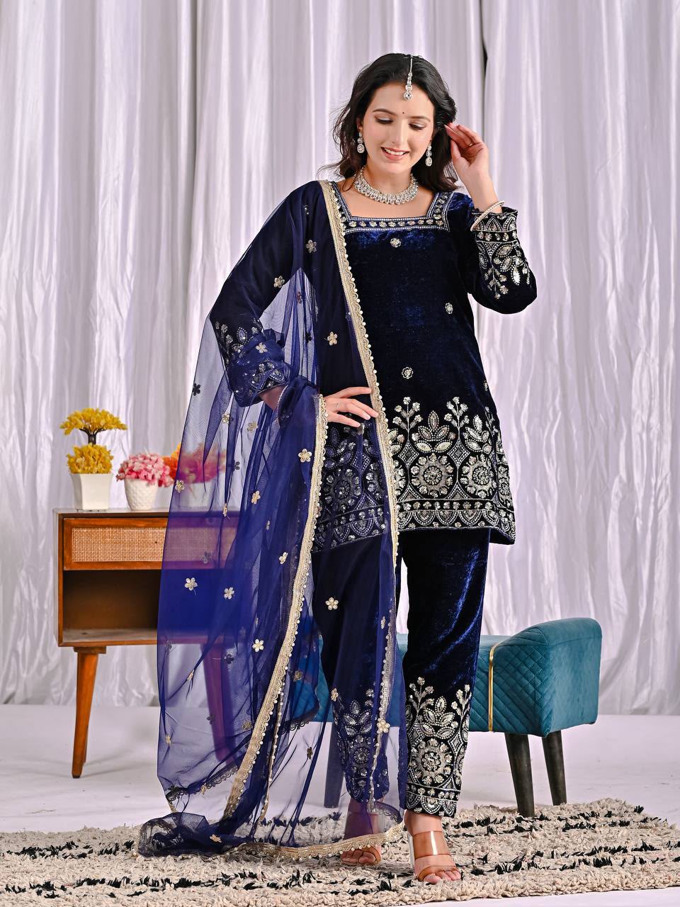 MD 3072 Navy Blue Viscose Velvet Salwar Suit with Embroidery Work & Lace Work. Grab it for ₹2399. Delivery 4-6 Working Days. Shop now. | Jump Suits, Salwar suit, Casual Suits, Creative suits, Designer Suits, Palazzo Suits, Party Wear Suits, Patiala Suits, Straight Suits