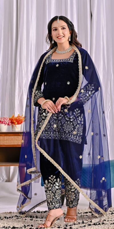 MD 3072 Navy Blue Viscose Velvet Salwar Suit with Embroidery Work & Lace Work. Grab it for ₹2399. Delivery 4-6 Working Days. Shop now. | Jump Suits, Salwar suit, Casual Suits, Creative suits, Designer Suits, Palazzo Suits, Party Wear Suits, Patiala Suits, Straight Suits