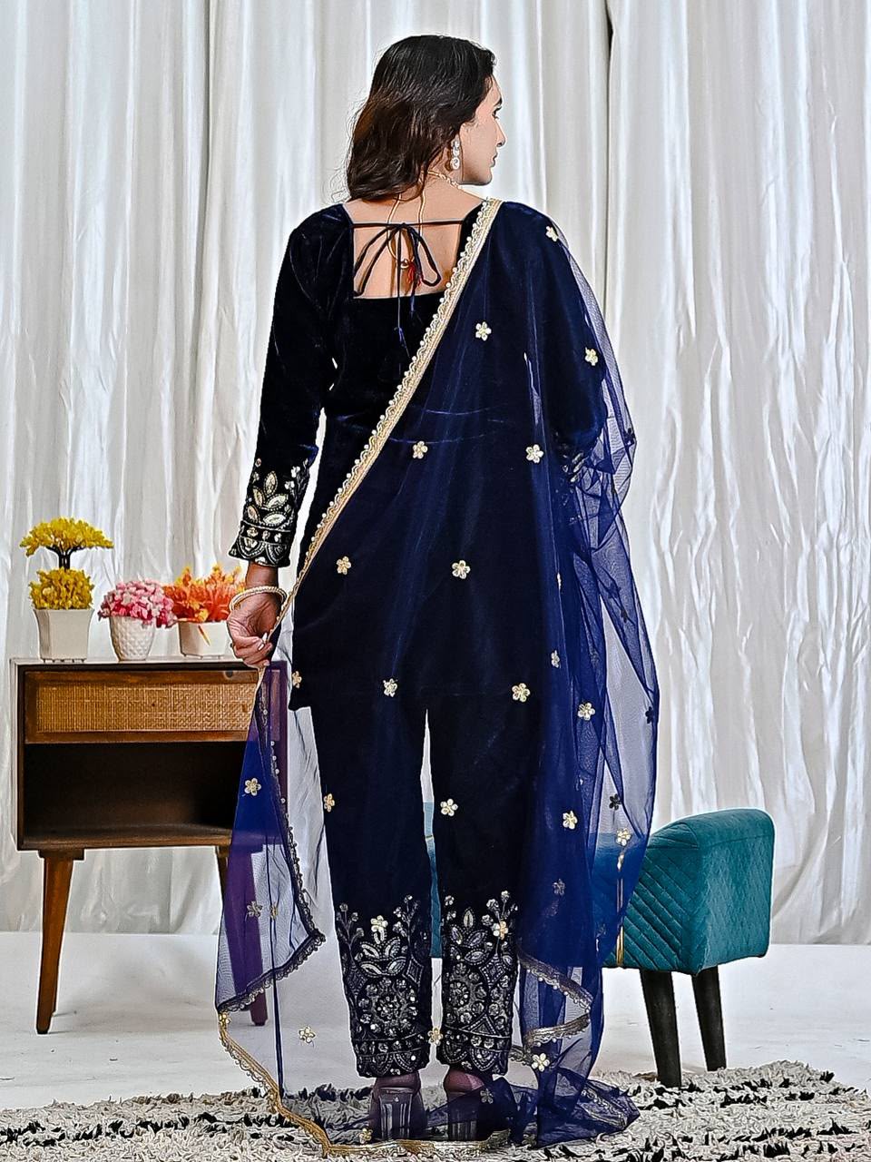 MD 3072 Navy Blue Viscose Velvet Salwar Suit with Embroidery Work & Lace Work. Grab it for ₹2399. Delivery 4-6 Working Days. Shop now. | Jump Suits, Salwar suit, Casual Suits, Creative suits, Designer Suits, Palazzo Suits, Party Wear Suits, Patiala Suits, Straight Suits