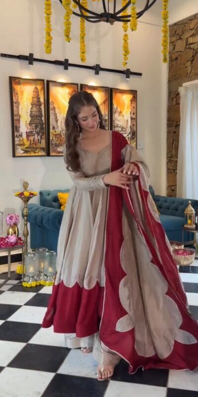 AD 249 Off White Roman Silk Gown with Mirror Work & Embroidery Work. Special Price ₹2999. Delivery 4-6 Working Days. Shop now. | Gowns, Bollywood Gowns, Creative Gowns, Designer Gowns, Embroidered Gowns, Party Wear Gowns