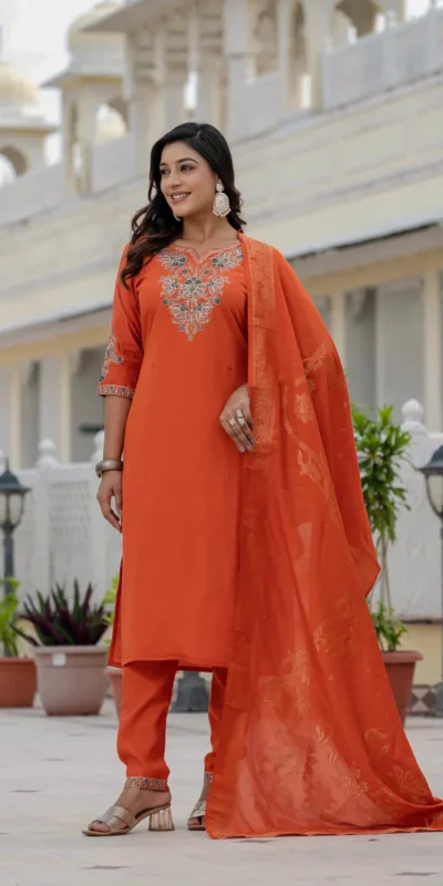 DIVA 121 Orange Roman Silk Salwar Suit with Sequins Work & Embroidery Work. Available at ₹1899 only. Delivery 4-6 Working Days. Shop now. | Jump Suits, Salwar suit, Casual Suits, Creative suits, Designer Suits, Palazzo Suits, Party Wear Suits, Patiala Suits, Straight Suits