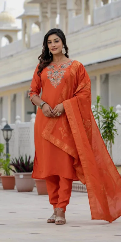 DIVA 121 Orange Roman Silk Salwar Suit with Sequins Work & Embroidery Work. Available at ₹1899 only. Delivery 4-6 Working Days. Shop now. | Jump Suits, Salwar suit, Casual Suits, Creative suits, Designer Suits, Palazzo Suits, Party Wear Suits, Patiala Suits, Straight Suits