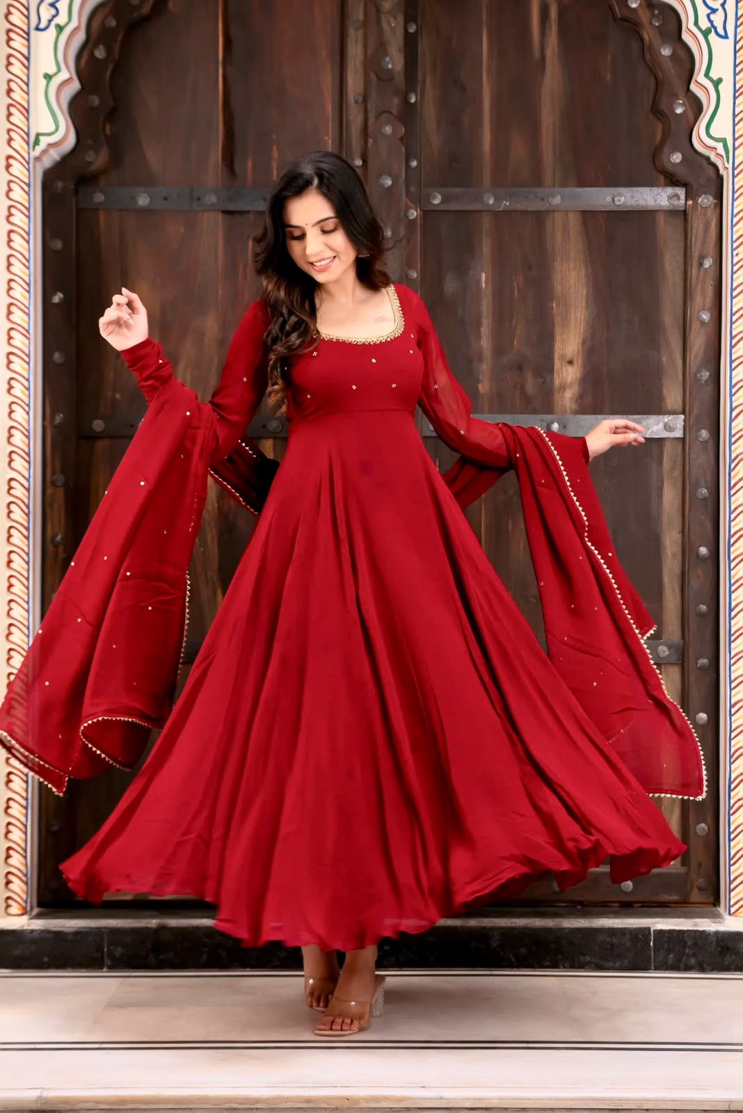 KD 1653 Red Faux Georgette Salwar Suit with Lace Work & Digital Print. Introductory Price ₹2349. Delivery 4-6 Working Days. Shop now. | Anarkali Suits, Bollywood Anarkali, Creative-Anarkali, Designer Anarkali, Embroidered Anarkali, Party Wear Anarkali