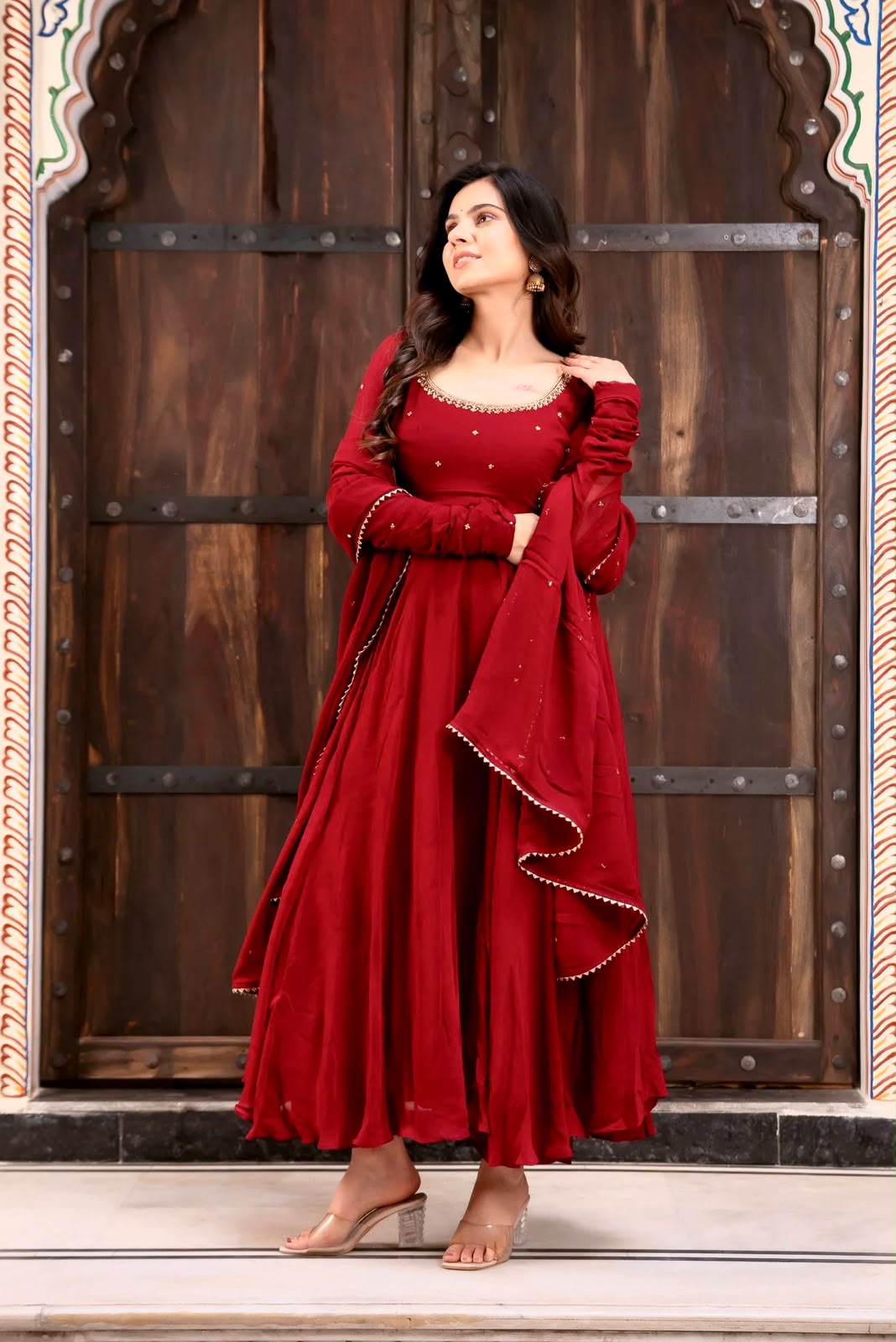 KD 1653 Red Faux Georgette Salwar Suit with Lace Work & Digital Print. Introductory Price ₹2349. Delivery 4-6 Working Days. Shop now. | Anarkali Suits, Bollywood Anarkali, Creative-Anarkali, Designer Anarkali, Embroidered Anarkali, Party Wear Anarkali