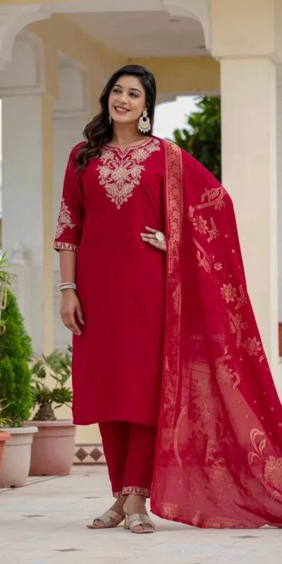 DIVA 121 Red Roman Silk Salwar Suit with Sequins Work & Embroidery Work. Available at ₹1899 only. Delivery 4-6 Working Days. Shop now. | Jump Suits, Salwar suit, Casual Suits, Creative suits, Designer Suits, Palazzo Suits, Party Wear Suits, Patiala Suits, Straight Suits