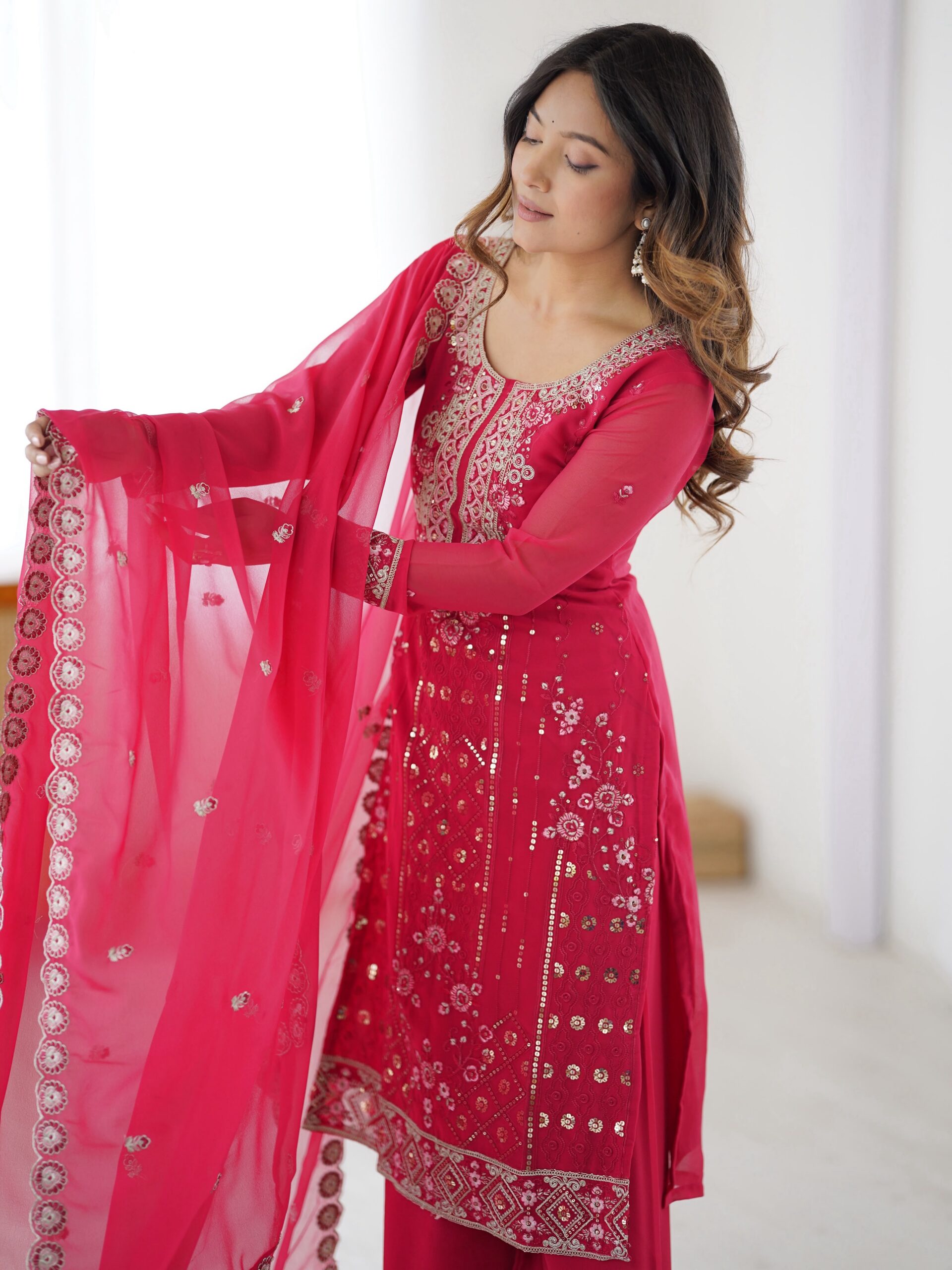 SP 37 Pink Faux Georgette Salwar Suit with Mirror Work & Embroidery Work. Get it for ₹1999. Delivery 4-6 Working Days. Shop now. | Jump Suits, Salwar suit, Casual Suits, Creative suits, Designer Suits, Palazzo Suits, Party Wear Suits, Patiala Suits, Straight Suits