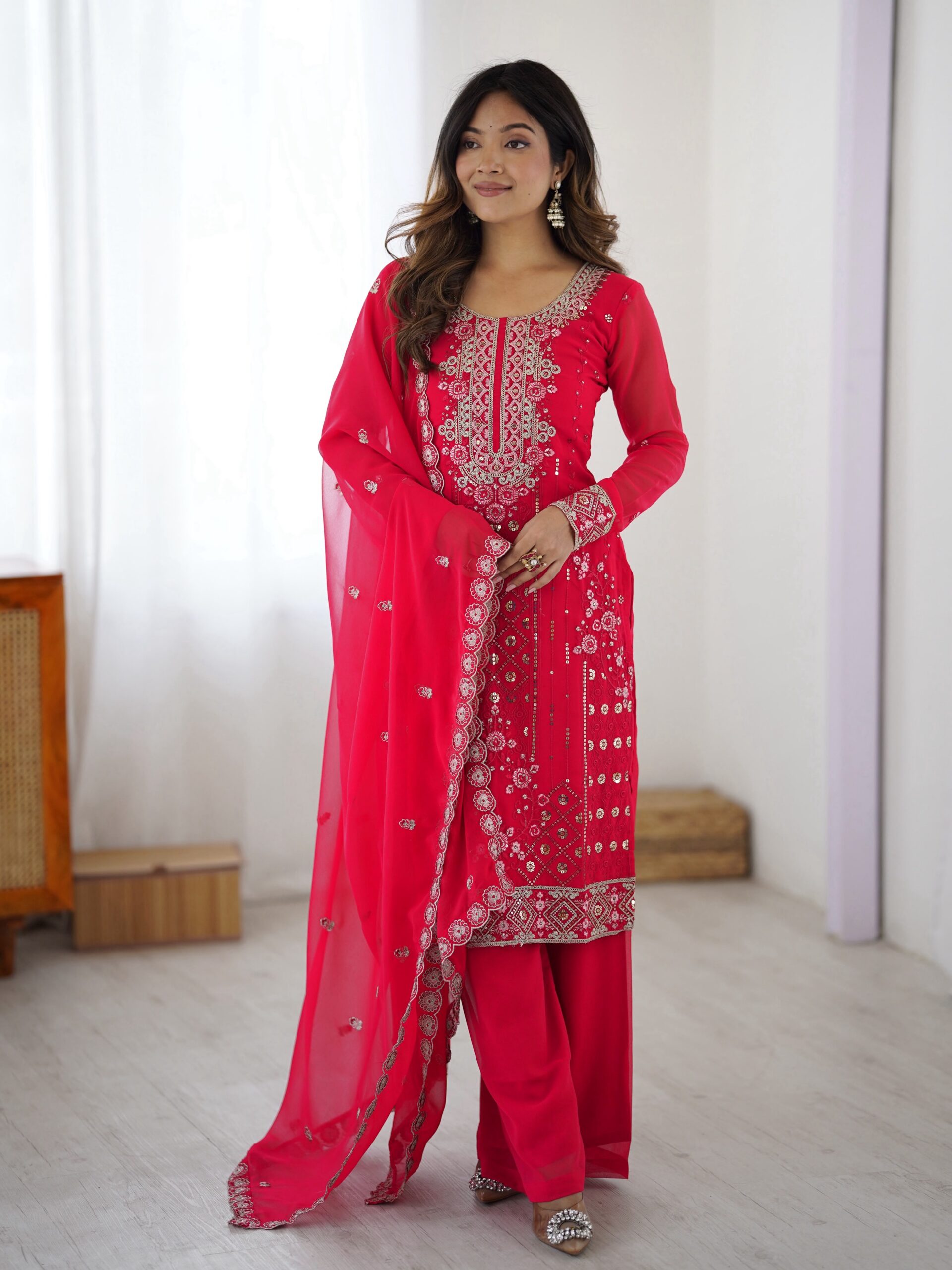 SP 37 Pink Faux Georgette Salwar Suit with Mirror Work & Embroidery Work. Get it for ₹1999. Delivery 4-6 Working Days. Shop now. | Jump Suits, Salwar suit, Casual Suits, Creative suits, Designer Suits, Palazzo Suits, Party Wear Suits, Patiala Suits, Straight Suits