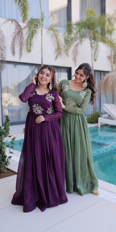 KA 1222 Purple Silver Crunchy Gown Perfect for Wedding, Party, Durga Puja, Ganesh Chaturthi, Family Gatherings – n. Festive Deal ₹1969. Delivery 4-6 Worki | Gowns, Bollywood Gowns, Creative Gowns, Designer Gowns, Embroidered Gowns, Party Wear Gowns