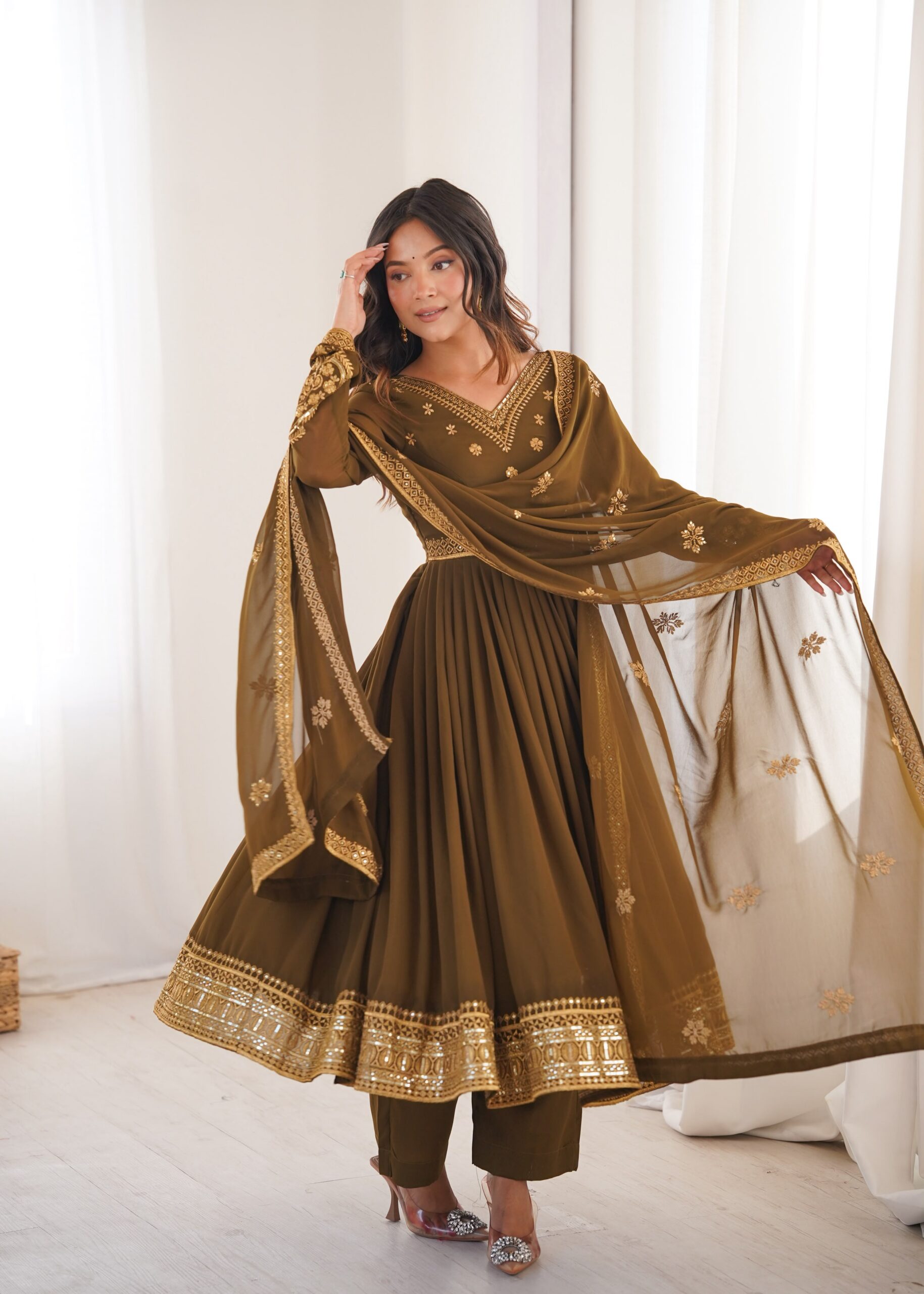 SP 104 Brown| Faux Georgette Salwar Suit with Lace Work & Digital Print. Introductory Price ₹2799. Delivery 4-6 Working Days. Shop now. | Anarkali Suits, Bollywood Anarkali, Creative-Anarkali, Designer Anarkali, Embroidered Anarkali, Party Wear Anarkali