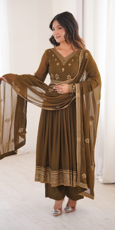 SP 104 Brown| Faux Georgette Salwar Suit with Lace Work & Digital Print. Introductory Price ₹2799. Delivery 4-6 Working Days. Shop now. | Anarkali Suits, Bollywood Anarkali, Creative-Anarkali, Designer Anarkali, Embroidered Anarkali, Party Wear Anarkali