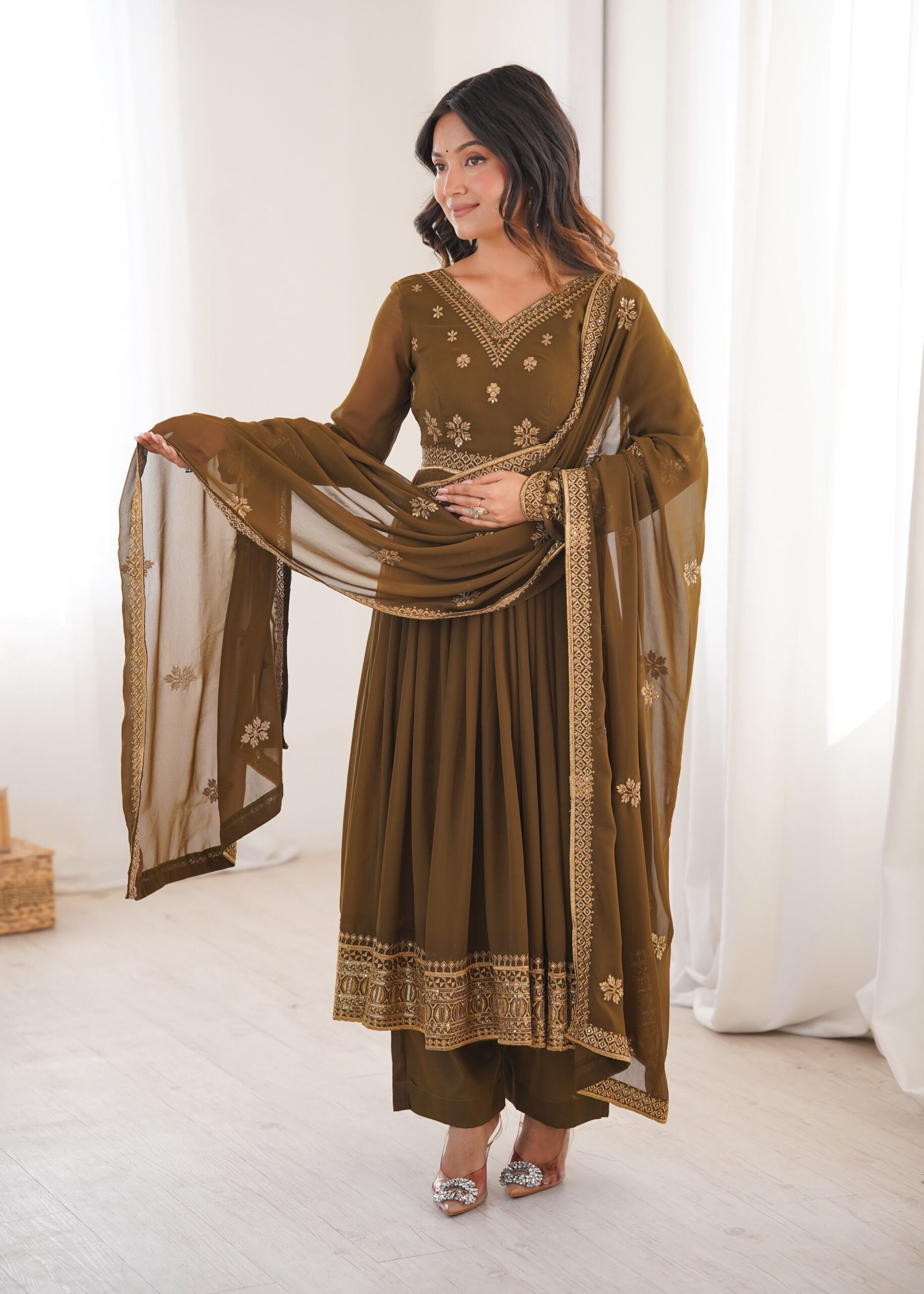 SP 104 Brown| Faux Georgette Salwar Suit with Lace Work & Digital Print. Introductory Price ₹2799. Delivery 4-6 Working Days. Shop now. | Anarkali Suits, Bollywood Anarkali, Creative-Anarkali, Designer Anarkali, Embroidered Anarkali, Party Wear Anarkali