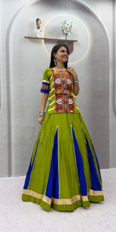 PC 584 Parrot Green in Pure Cotton Mirror Work & Gamthi Work Lehenga Choli . Exclusive Offer ₹2249. Delivery 4-6 Working Days. Shop now. | Lehenga, Bollywood Lehenga, Creative Lehenga, Designer Lehenga, Embroidered Lehenga, Party Wear Lehenga