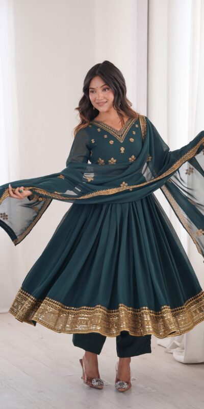 SP 104 Teal| Faux Georgette Salwar Suit with Lace Work & Digital Print. Introductory Price ₹2799. Delivery 4-6 Working Days. Shop now. | Anarkali Suits, Bollywood Anarkali, Creative-Anarkali, Designer Anarkali, Embroidered Anarkali, Party Wear Anarkali