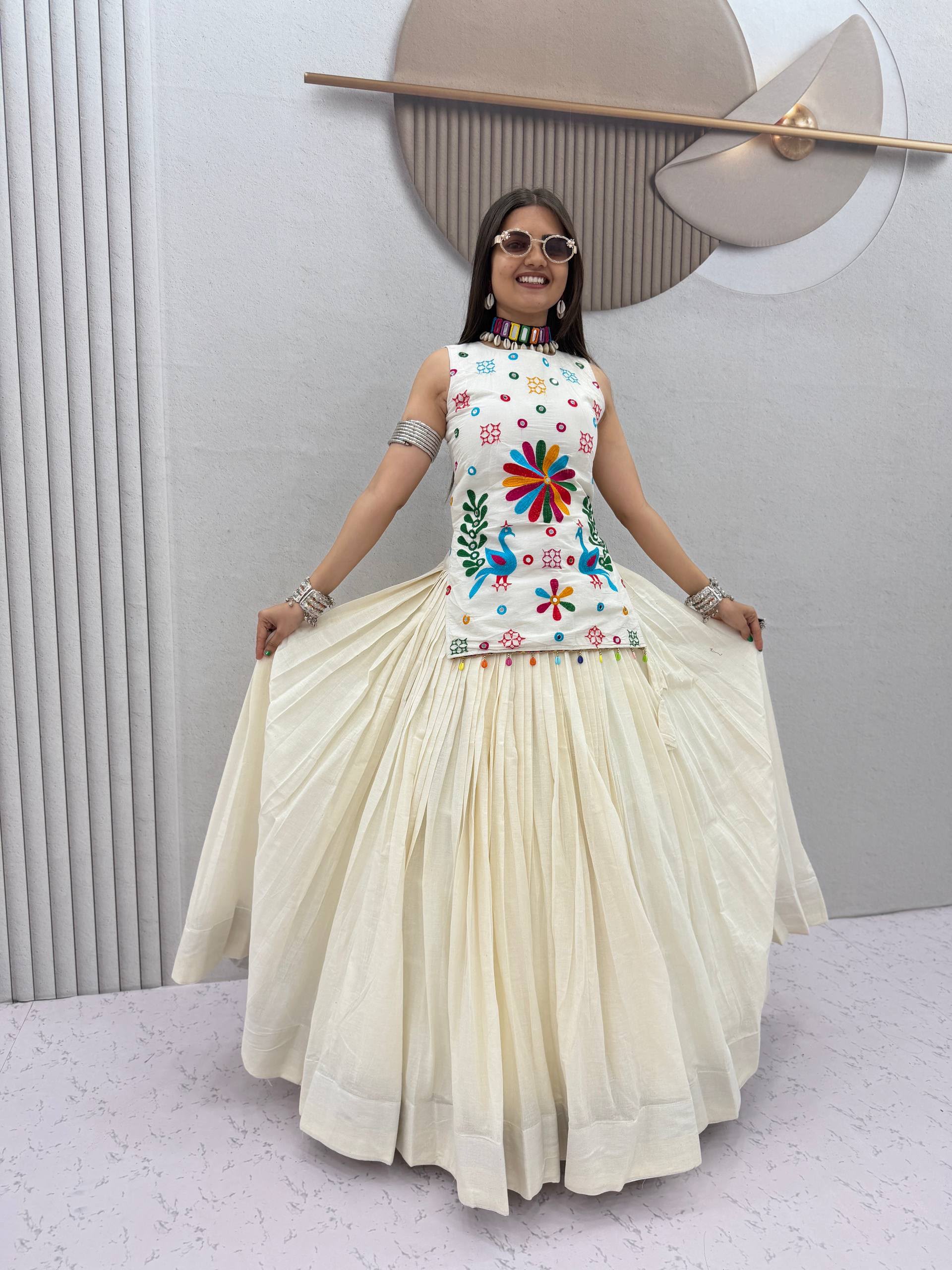 PC 594 White Khadi Cotton Lehenga Choli with Bandhej Print & Mirror Work. Festive Deal ₹2799. Delivery 4-6 Working Days. Shop now. | Lehenga, Bollywood Lehenga, Creative Lehenga, Designer Lehenga, Embroidered Lehenga, Party Wear Lehenga