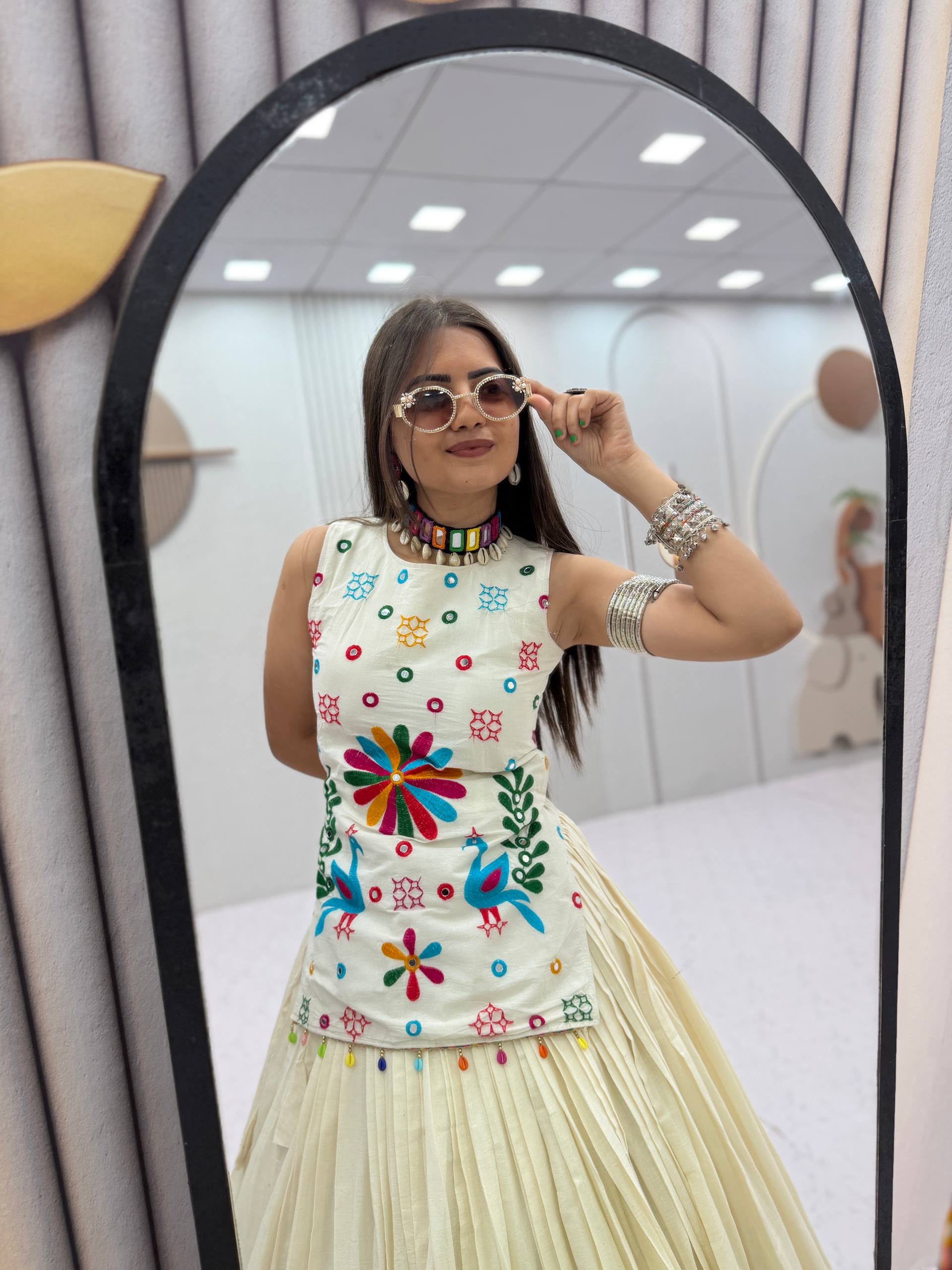 PC 594 White Khadi Cotton Lehenga Choli with Bandhej Print & Mirror Work. Festive Deal ₹2799. Delivery 4-6 Working Days. Shop now. | Lehenga, Bollywood Lehenga, Creative Lehenga, Designer Lehenga, Embroidered Lehenga, Party Wear Lehenga