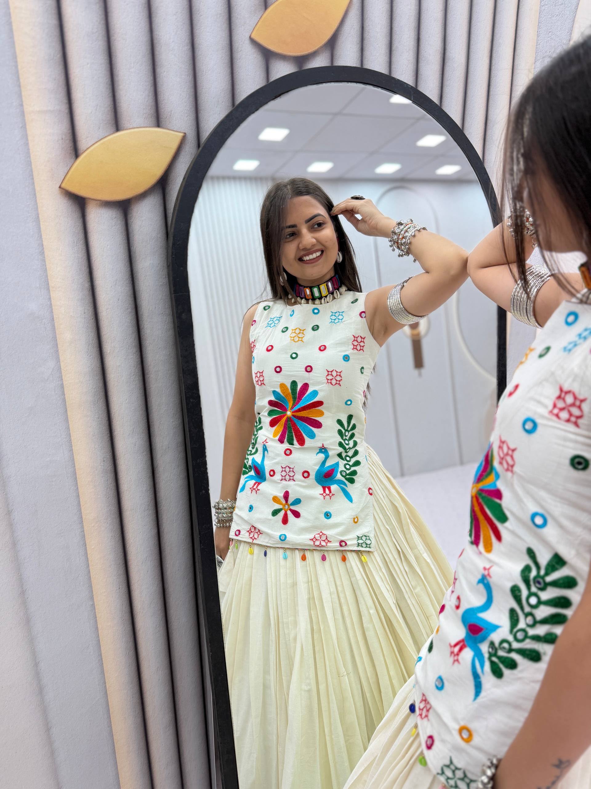 PC 594 White Khadi Cotton Lehenga Choli with Bandhej Print & Mirror Work. Festive Deal ₹2799. Delivery 4-6 Working Days. Shop now. | Lehenga, Bollywood Lehenga, Creative Lehenga, Designer Lehenga, Embroidered Lehenga, Party Wear Lehenga