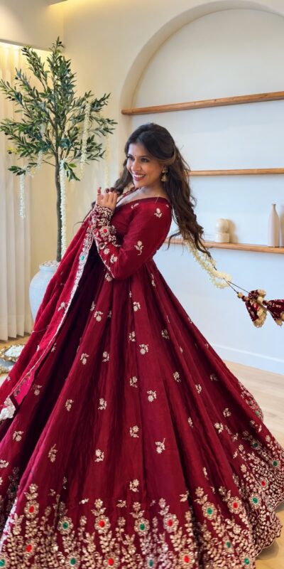 ZSR 3192 Maroon Doremon Crush Gown with Lace Work & Mirror Work. Exclusive Offer ₹2799. Delivery 4-6 Working Days. Shop now. | Gowns, Bollywood Gowns, Creative Gowns, Designer Gowns, Embroidered Gowns, Party Wear Gowns