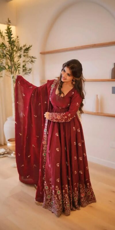 ZSR 3192 Maroon Doremon Crush Gown with Lace Work & Mirror Work. Exclusive Offer ₹2799. Delivery 4-6 Working Days. Shop now. | Gowns, Bollywood Gowns, Creative Gowns, Designer Gowns, Embroidered Gowns, Party Wear Gowns