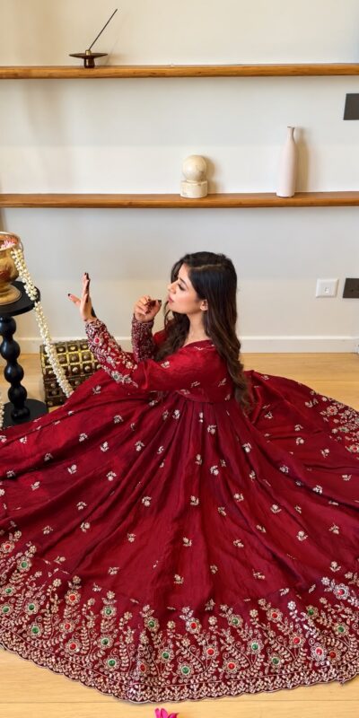 ZSR 3192 Maroon Doremon Crush Gown with Lace Work & Mirror Work. Exclusive Offer ₹2799. Delivery 4-6 Working Days. Shop now. | Gowns, Bollywood Gowns, Creative Gowns, Designer Gowns, Embroidered Gowns, Party Wear Gowns