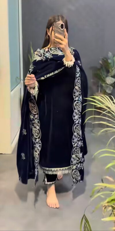 MF 486 Navy Blue Viscose Velvet Salwar Suit with Embroidery Work & Lace Work. Grab it for ₹2349. Delivery 4-6 Working Days. Shop now. | Jump Suits, Salwar suit, Casual Suits, Creative suits, Designer Suits, Palazzo Suits, Party Wear Suits, Patiala Suits, Straight Suits