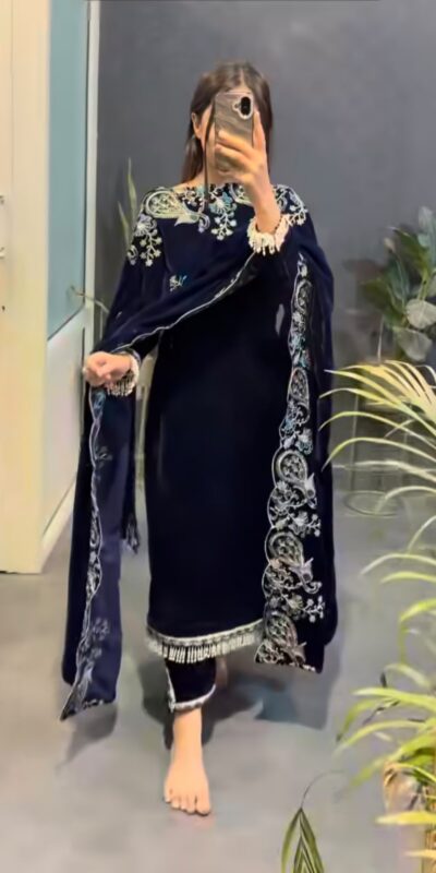 MF 486 Navy Blue Viscose Velvet Salwar Suit with Embroidery Work & Lace Work. Grab it for ₹2349. Delivery 4-6 Working Days. Shop now. | Jump Suits, Salwar suit, Casual Suits, Creative suits, Designer Suits, Palazzo Suits, Party Wear Suits, Patiala Suits, Straight Suits