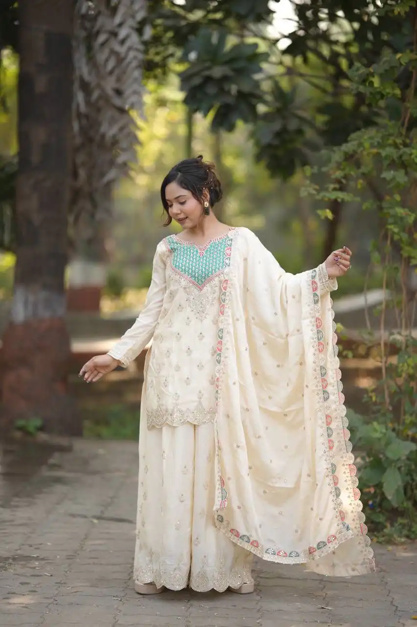 Aglow Off White Chinon Embroider Work Salwar Suit | Jump Suits, Salwar suit, Casual Suits, Creative suits, Designer Suits, Palazzo Suits, Party Wear Suits, Patiala Suits, Straight Suits