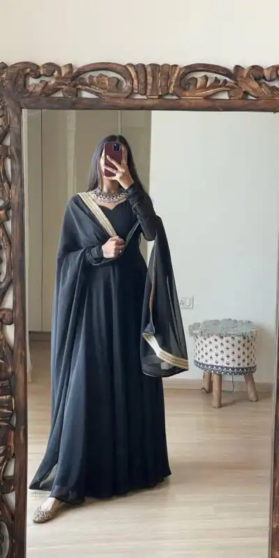 Alluring Black Georgette With Lace Work Gown | Gowns, Bollywood Gowns, Creative Gowns, Designer Gowns, Embroidered Gowns, Party Wear Gowns