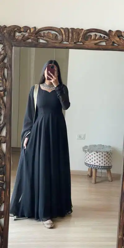 Alluring Black Georgette With Lace Work Gown | Gowns, Bollywood Gowns, Creative Gowns, Designer Gowns, Embroidered Gowns, Party Wear Gowns